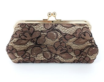 Brown Champagne Alencon Peony Lace Wedding Photo Clutch for Brides, Mother of the Bride Groom Gift, Bridal Shower, Personalized Gift