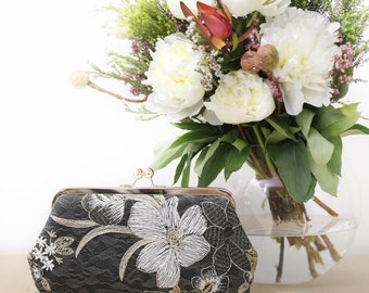 Black Floral Embroidery Lace Clutch, Bridesmaid Wedding Gift