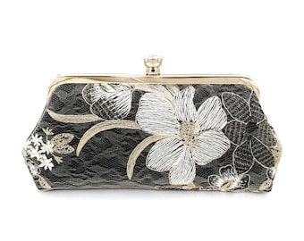 READY TO SHIP Black White Gold Floral Lace Clutch for brides, Bridesmaids, Mother of the Bride and Groom, Wedding Gift Holidays