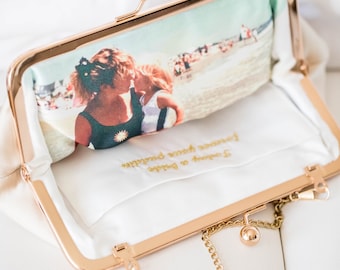 Champagne Satin Wedding Clutch, Mother of the Bride Gift, Personalized Photo Lining Purse