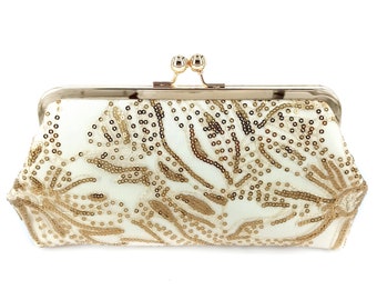 Ivory & Gold Dahlia Sequins Lace Photo Clutch, Personalized wedding gift to Mother of the Bride.
