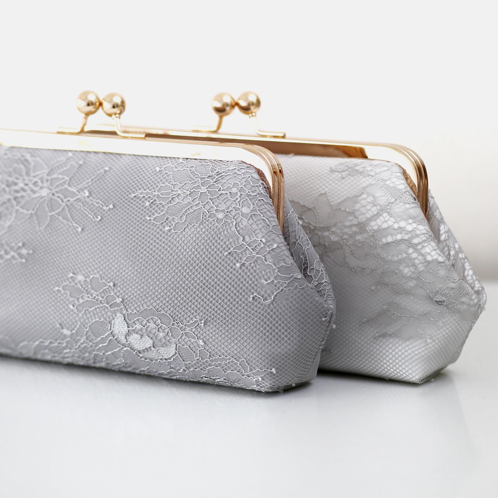 Grey Chantilly Lace Wedding Clutch, Personalized Gift for Mom, Mother of the Bride Purse