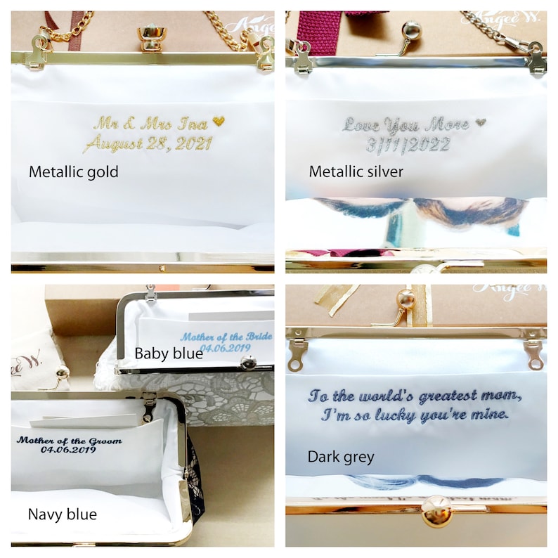Puede incluir: Cuatro peque&ntilde;as carteras de embrague de diferentes colores con un cierre de metal. Las carteras est&aacute;n hechas de tela y tienen diferentes dise&ntilde;os bordados. Los colores son dorado met&aacute;lico, plateado met&aacute;lico, azul beb&eacute; y azul marino.