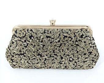 Textured Black Gold Sequins Personalized Photo Clutch, Mother of the Bride and Groom Wedding Gift