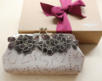 Floral Embroidered Lace Clutch in Brown, Gold, Champagne | Wedding Gift