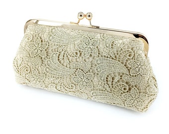 Gift for Mother of the Bride, Antique Gold Floral Lace Photo Clutch Purse, Crystal Option, Bridal Shower Personalized Wedding Gift