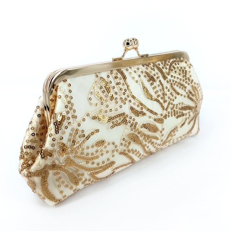 Dahlia Floral Sequins Lace Bridal Clutch in ivory and Gold, mother of the bride Clutch, wedding gift image 2