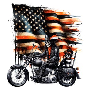 Biker Skeleton & Puppy Clipart: Distressed Flag Motorcycle Art (Digital Download)