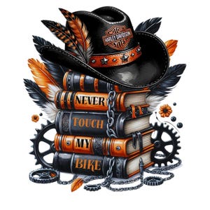 Nunca toque na minha bicicleta Harley Davidson inspirado em pilha de livros Clipart Image, Biker Vibes, Harley Davidson, Motorcycle Life, Reading Vibe Art