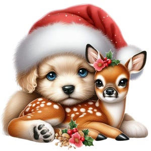 Puppy knuffels en fawn kusjes 5-delige bundel clipart, schattige puppy clipart, schattige rendieren clipart, kerst puppy clipart, baby fawn clipart