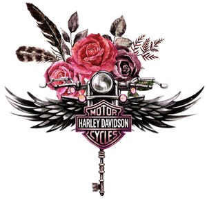 Llave de moto con flores aladas inspirada en Harley Davidson, clipart de motocicleta, estilo motero, arte floral motero, tatuajes de motos