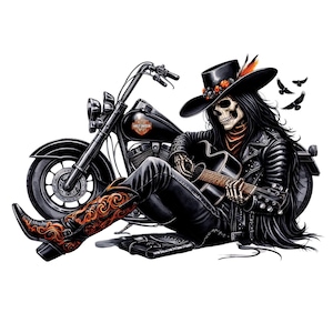 Skeleton cowboy gitaar spelen, skelet met motorfiets, Haunted Skeleton Man, motorfiets geïnspireerd skelet cowboy clipart, Gothic Cowboy