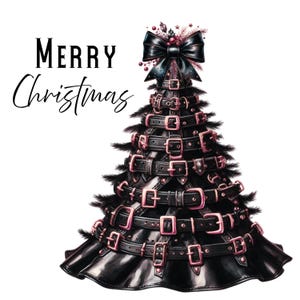 Roze en zwart lederen kerstboom clipart png zonder woorden en met vrolijk kerstfeest voor kerstkaarten, avant-garde kerst