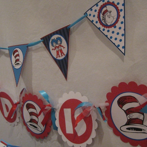2 PRINTABLE BANNER- one triangle penant one NAME and AGE customized for you-- DR SEUSS CUSTOM themed party