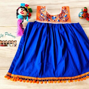Royal Blue, Orange Sleeveless Baby Dress, Mexican Floral Embroidery Baby Dress, Hand Embroidered  Infant Dress, Cinco de Mayo Dress, Frida