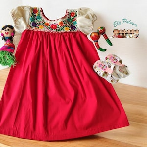 Red And Yvory Toddler Mexican Embroidered Dress, Mexican  Embroidery Toddler Dress, Floral Embroidery Infant Dress, Cinco de Mayo Dress