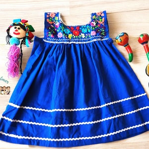 Royal Blue Sleeveless Baby Dress, Mexican Fiesta Dress, Floral Embroidery Baby Dress, Floral Embroidery Infant Dress, Cinco de Mayo Dress