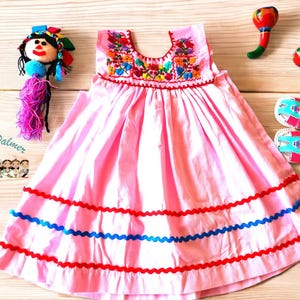 Baby Pink Sleeveless Baby Dress, Mexican Party Dress, Floral Embroidery Baby Dress, Frida Embroidered Infant Dress, Cinco de Mayo Dress