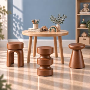 May include: A round light wood table with four legs, accompanied by three distinct brown wooden stools. The table holds a pencil holder, two books titled Little Explorer and Kind Hearts, a small wooden car, a rainbow arch, and a vase with greenery.