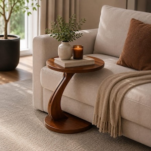 May include: A C-shaped side table made from dark wood, featuring a circular base and top with a curved support column. It is positioned beside a beige sofa. The tabletop holds a white ceramic vase containing greenery and a glass-encased candle.