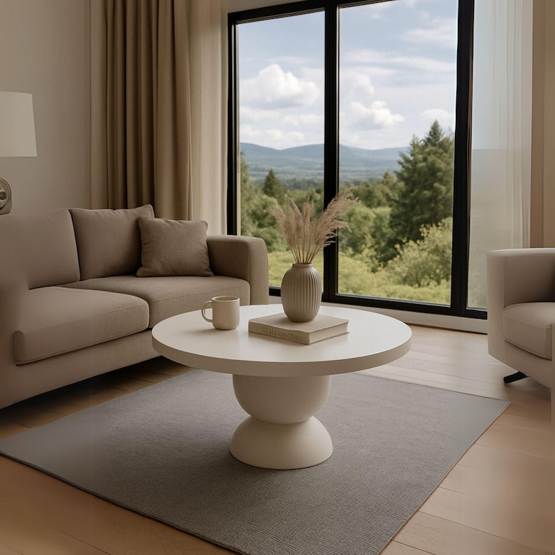 May include: A white round coffee table with a vase of dried flowers and a book on top. The table is in a living room with a large window overlooking a green landscape.