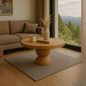 May include: A light brown wooden coffee table with a round top and a pedestal base. The table is sitting on a light gray rug in front of a brown couch. A book titled "The Fashion" is on the table, along with a white ceramic vase with dried grass.