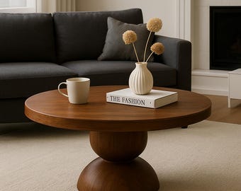 Mesa de centro redonda de madera maciza: diseño moderno escandinavo con pedestal.
