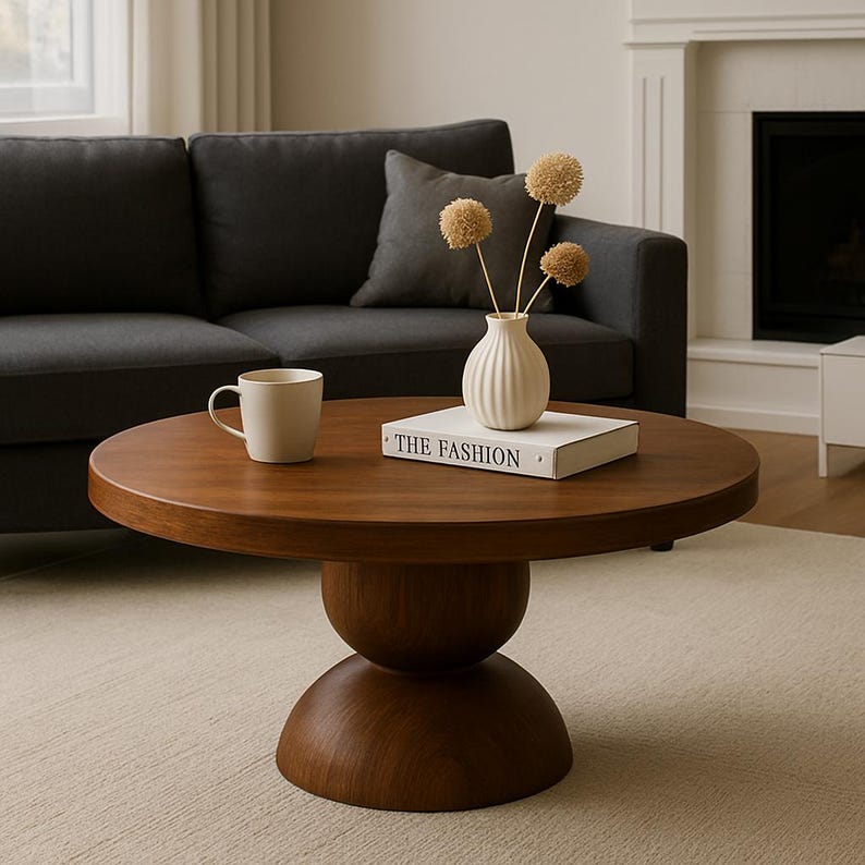 May include: A brown wooden coffee table with a round top and a unique, rounded, two-tiered base. The table is decorated with a white ceramic vase with dried flowers and a book titled "The Fashion".