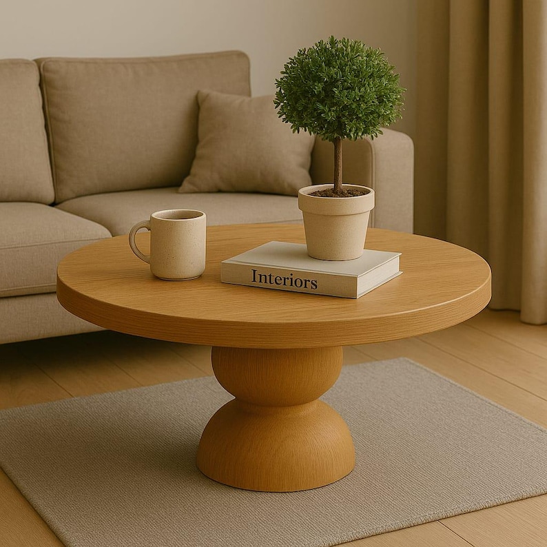 May include: A light brown wooden coffee table with a round top and a pedestal base. The table has a book titled "Interiors" and a beige ceramic mug on top. A potted green topiary plant sits on the table.