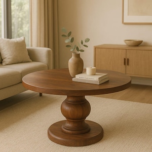 Solid Oak Round Coffee Table: Scandinavian Modern Pedestal Design