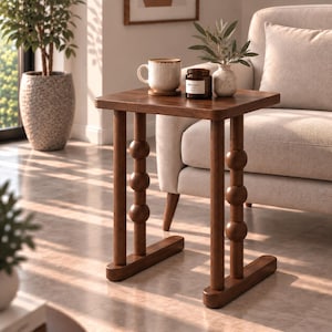 C-Shaped Side Table, Solid Beech Wood Sofa Table, Modern Laptop Table, Slim Wooden End Table