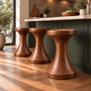May include: Three hourglass-shaped stools crafted from solid wood with a warm, medium-brown finish and visible wood grain patterns. Each stool features a wide circular base, a tapered center, and a smooth, flat circular seat for seating.