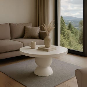 May include: A white round coffee table with a pedestal base. The table has a book titled "The Fashion" and a white ceramic mug on top. A vase with dried pampas grass sits on the table.