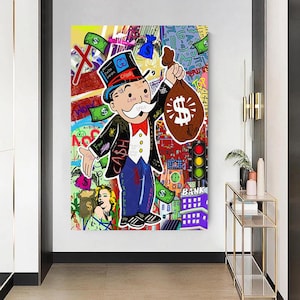 Tela Pop Art Mr. Monopoly Money Bag Immagini artistiche Immagini da parete - Stampa artistica di alta qualità Formato ritratto B8489