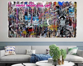 May include: A colorful abstract painting with a wooden fence background. The painting features a Mickey Mouse character, two figures, and the words "never never give up!" in pink lettering.