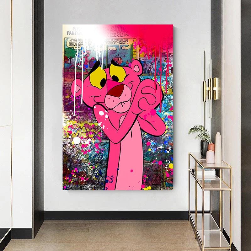 ①ラブブ　アート　ポップアート キャラクター印刷キャンバス　絵画　ピンク Canvas Pop Art Pink Panther Newspaper Art Pictures Wall Art - High