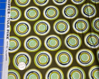 Tula Pink Chipper the Hypnotizer olive green chartreuse Free Spirit cotton print. quilting, sewing, Half yard, OOP circle modern
