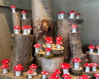 Hand made , hand painted, hand glazed ceramic fly agaric toadstools 2-3 cm high . Picked at random. Mushroom