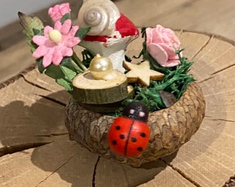 DIY teeny tiniest  Fairy Garden ever , Eco friendly, mindful kit with red and white toadstool in an  acorn hat .screen free activity !