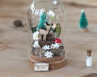 Diy Christmas fairy garden kit with baby deer  in a Glass Dome  , fir cones , Christmas sign , toadstool and fairy snow