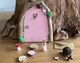 Foraged wood fairy door with stepping stones , magic fairy dust and toadstool