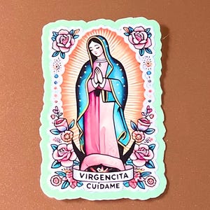 Virgencita Cuídame Vinyl Sticker – Virgen de Guadalupe Waterproof Sticker, Catholic Gift for Her, Latina Faith Sticker for Journal, Laptop