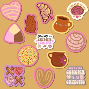 May include: A collection of colorful stickers featuring Mexican pastries and coffee. Designs include conchas, croissants, and coffee mugs, with text like "You had me at pan dulce" and "Fluent in cafecito y chisme."