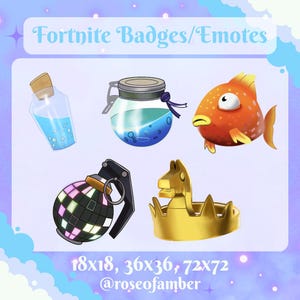 Peut inclure: Image présentant cinq badges ou emotes sur le thème de Fortnite. Les designs incluent une fiole de potion, un bocal avec du liquide bleu, un poisson orange, une grenade boule à facettes et une couronne dorée. Le texte en haut indique "Fortnite Badges/Emotes".