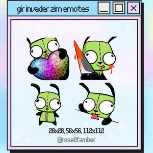 May include: A digital art graphic featuring four different emotes of the character Gir from Invader Zim. Gir is depicted in various poses, including holding a heart, holding a knife, and with his tongue out. The text "gir invader zim emotes" is at the top.