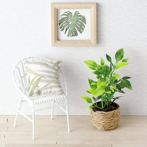 May include: A white metal chair with a patterned cushion, a potted green plant with a woven basket, and a framed picture of a green leaf on a white wall.