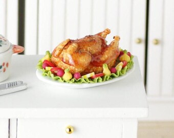 Melody Jane Dollhouse Roast Chicken On Plate - 1:12 Scale Miniature Dining Room Accessory