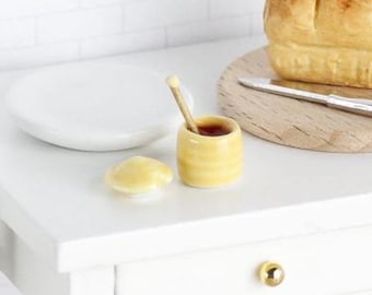 Dollhouse Miniature Honey Pot, Spoon and separate lid 1:12 scale