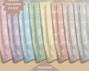 Personalized Velveteen Plush Blanket with Custom Name and Birth Month Flower Design, Multiple Sizes, Color and font Options Unique Gift Idea