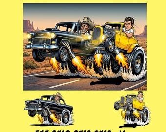 Pôster de Hot Rod com Grafite e Vários Carros Americanos – Arte de Parede para Garagem | Download Digital - JPG + PNG